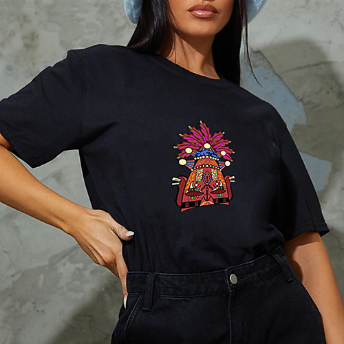 

Women's T shirt Graphic Tribal Print Round Neck Tops 100% Cotton Basic Basic Top Black