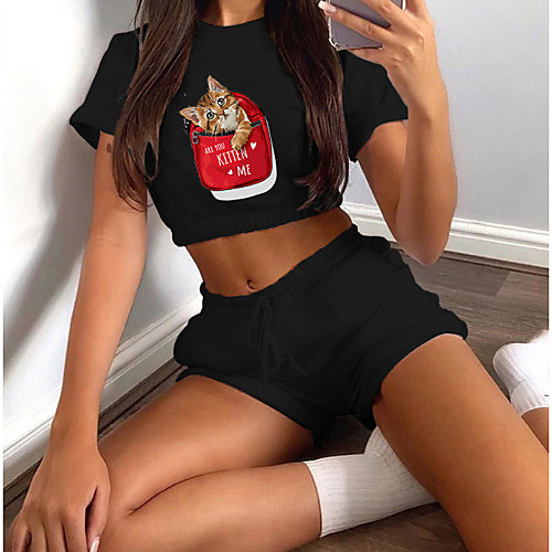 

Women's Basic Streetwear Cat 3D Letter Vacation Casual / Daily Two Piece Set Crop Top Tracksuit T shirt Loungewear Shorts Drawstring Print Tops