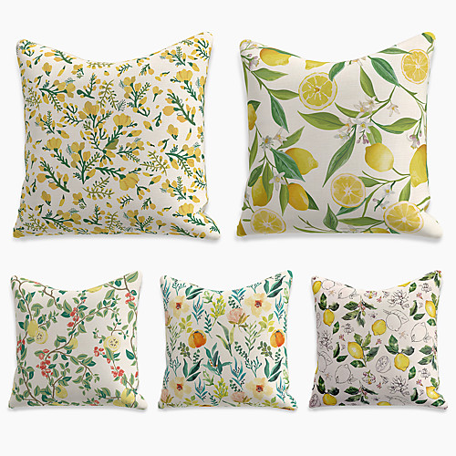 

Double Side Cushion Cover 5PC Faux Linen Soft Square for Sofa Bedroom 45 x 45 cm (18 x 18 Inch) Superior Quality Print Summer Fruit Flower Citrus Peach for Patio Garden Farmhouse Bench Couch