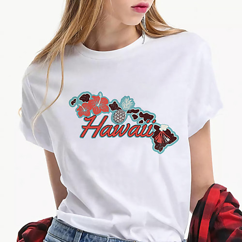 

Women's Holiday Hawaii T shirt Graphic Letter Print Round Neck Basic Tops 100% Cotton Green White Red