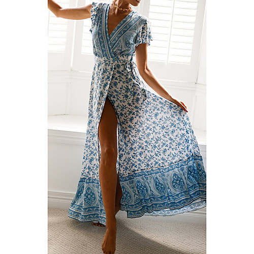 

Women's A Line Dress Maxi long Dress Blue Blushing Pink Dusty Blue Red Light Blue Short Sleeve Floral Patchwork Print Fall Summer V Neck Elegant Casual 2021 S M L XL