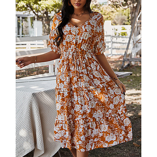 

Women's Swing Dress Knee Length Dress Blushing Pink Green Orange Black Navy Blue Short Sleeve Floral Print Spring Summer V Neck Casual 2021 S M L XL