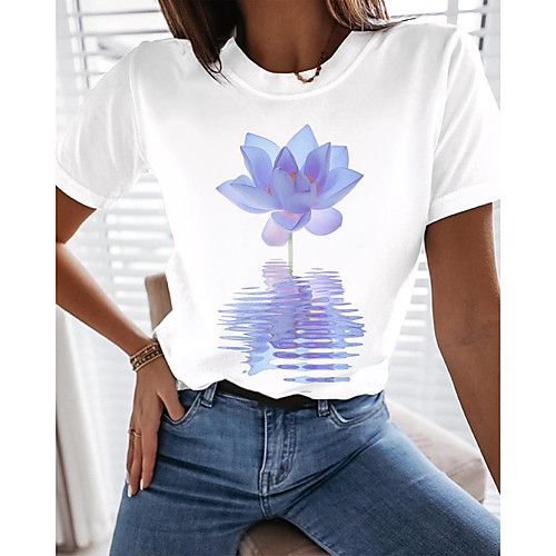 

Women's Holiday Floral Theme Painting T shirt Floral Graphic Print Round Neck Basic Tops White