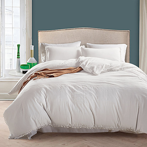 

Bed Sheet Set washed cotton around ball fringe Duvet Cover set with zipper, solid color and fade resistant, hypoallergenic, soft King/Queen/Twin size