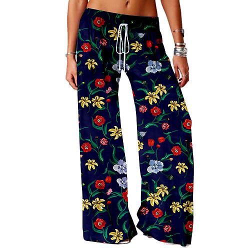

Women's Basic Soft Comfort Daily Home Chinos Pants Graphic Flower / Floral Full Length Elastic Drawstring Design Print White Blue Yellow Green Navy Blue