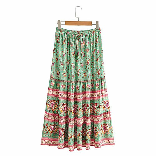 

Women's Holiday Vacation Vintage Boho Skirts Floral Graphic Ruffle Print Blushing Pink Green