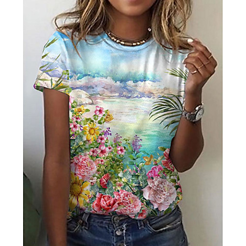 

Women's Holiday Daisy Painting T shirt Floral Graphic Scenery Print Round Neck Basic Tops Blue