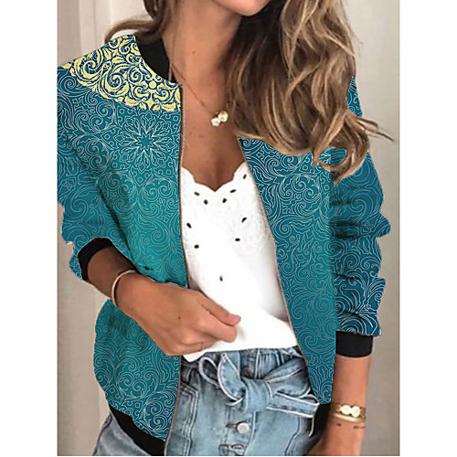 

Women's Jacket Daily Fall Spring Regular Coat V Neck Regular Fit Sporty Casual Jacket Long Sleeve Color Block Print Blue / Holiday