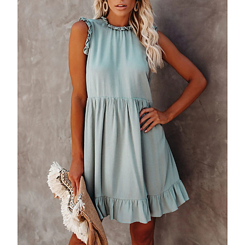

Women's A Line Dress Knee Length Dress Blushing Pink Black Light Blue Sleeveless Solid Color Ruffle Summer Round Neck Elegant 2021 S M L XL