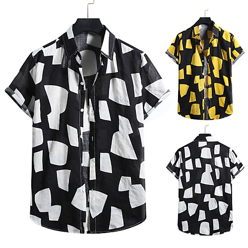

Men's Shirt Other Prints Geometry Print Short Sleeve Casual Tops Tropical Hawaiian Black Yellow