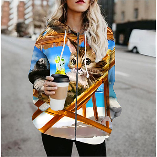 

Women's Jacket Daily Fall Spring Regular Coat Regular Fit Casual Jacket Long Sleeve Cat Print Blue / Holiday