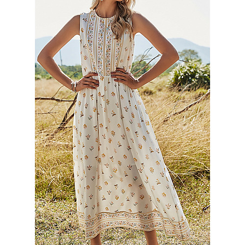 

Women's A Line Dress Maxi long Dress White Sleeveless Floral Patchwork Print Fall Summer Round Neck Elegant Casual 2021 S M L XL
