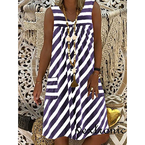 

2021 new amazon wish european and american cross-border ladies plus size pocket summer round neck sleeveless striped dress