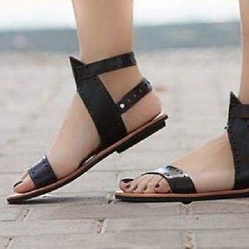 

Women's Sandals Flat Heel Round Toe PU Solid Colored Light Brown White Black