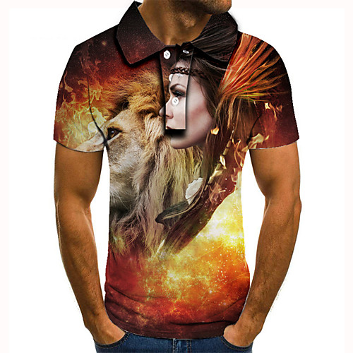 

Men's Golf Shirt Tennis Shirt 3D Print Graphic Prints Lion Portrait Button-Down Short Sleeve Street Tops Casual Fashion Cool Orange / Sports