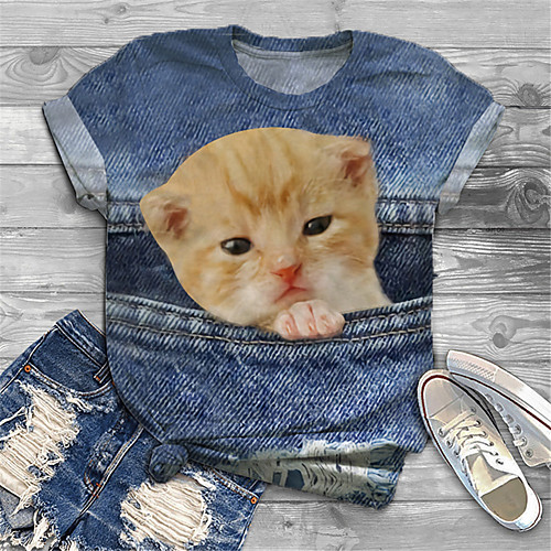 

Women's Plus Size Tops T shirt Cat Graphic Animal Print Short Sleeve Crewneck Basic Blue Big Size XL XXL 3XL 4XL 5XL / Holiday