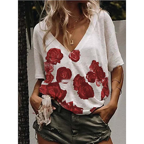 

Women's T shirt Floral V Neck Tops Basic Basic Top White
