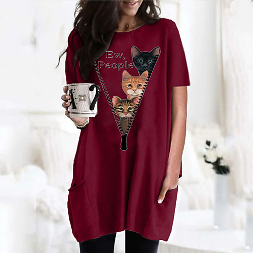 

Women's T shirt Dress Cat Graphic 3D Round Neck Tops Basic Basic Top Black Wine Army Green