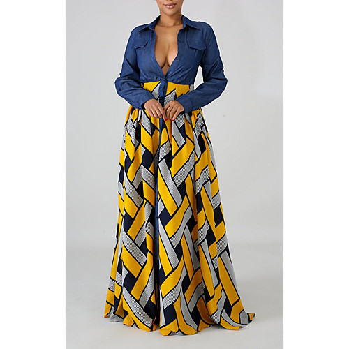 

Women's Shirt Dress Maxi long Dress Yellow Red Long Sleeve Geometric Patchwork Print Fall Summer Shirt Collar Elegant Casual 2021 S M L XL XXL 3XL 4XL