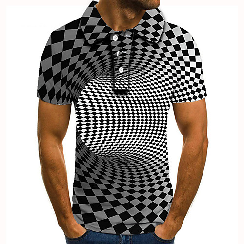 

Men's Golf Shirt Tennis Shirt 3D Print Optical Illusion Geometry Button-Down Short Sleeve Street Tops Casual Fashion Cool Black / White / Sports