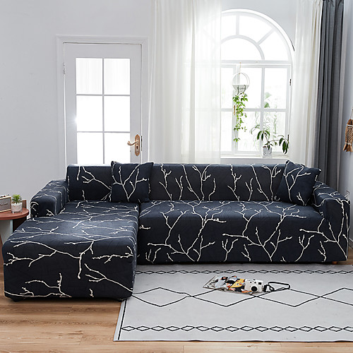 

Black Branch Print Dustproof All-powerful Stretch L Shape Sofa Cover Super Soft Fabric Sofa Furniture Protector with One Free Boster Case