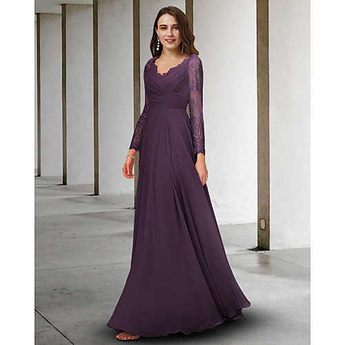 

A-Line Mother of the Bride Dress Elegant V Neck Floor Length Chiffon Lace Long Sleeve with Pleats Appliques 2021