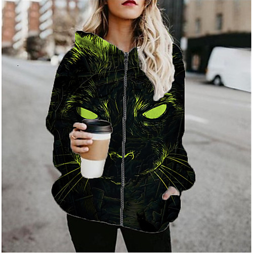 

Women's Jacket Daily Fall Spring Regular Coat Regular Fit Casual Jacket Long Sleeve Cat Print Black / Holiday