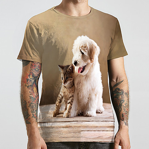 

Men's Unisex Tee T shirt 3D Print Cat Dog Graphic Prints Plus Size Print Short Sleeve Casual Tops Fashion Designer Big and Tall Khaki