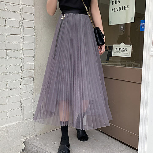 

Women's Holiday Weekend Casual Streetwear Chiffon Swing Skirts Solid Colored Pleated Mesh Gray Black Beige / Maxi / Loose