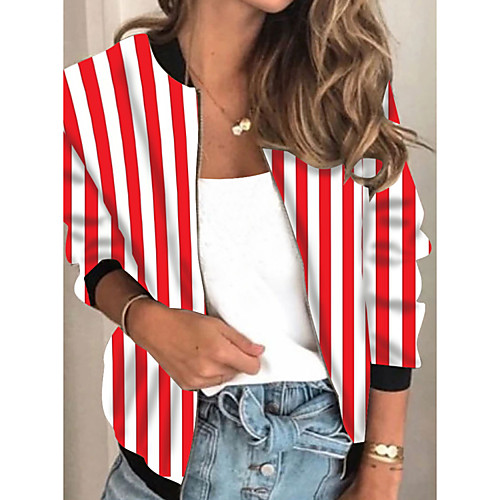 

Women's Jacket Daily Fall Spring Regular Coat Regular Fit Casual Jacket Long Sleeve Striped Print Red