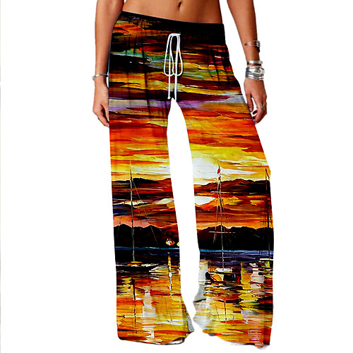 

Women's Basic Soft Comfort Daily Home Chinos Pants Landscape Full Length Elastic Drawstring Design Print Orange