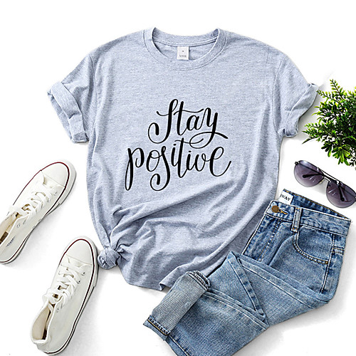

Women's T shirt Text Print Round Neck Tops Cotton Basic Basic Top White Black Purple