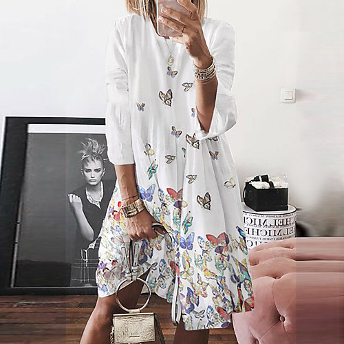 

Women's Swing Dress Knee Length Dress Blue Yellow Blushing Pink White Long Sleeve Animal Print Spring Summer Boho Loose 2021 S M L XL XXL 3XL 4XL 5XL