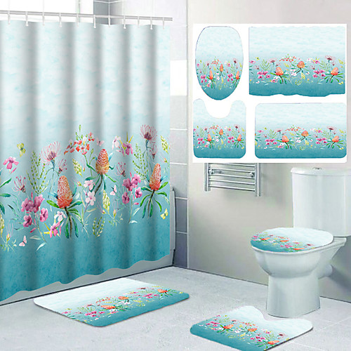 

Flower Ocean Theme Bathroom Waterproof Shower Curtain and Hook Cushion Four-piece Casual Decoration