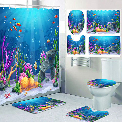 

Ocean Series Bathroom Waterproof Shower Curtain and Hook Cushion Four-piece Casual Decoration