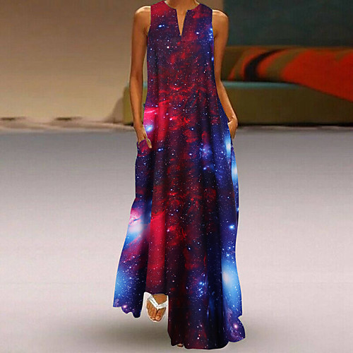 

Women's Swing Dress Maxi long Dress Blue Black Red Sleeveless Print Print Summer V Neck Casual Loose 2021 S M L XL XXL 3XL 4XL 5XL