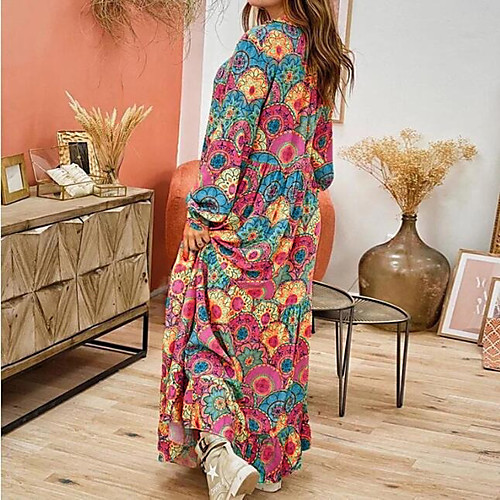 

Women's Swing Dress Maxi long Dress Rainbow Long Sleeve Print Patchwork Print Summer V Neck Hot Casual Loose 2021 S M L XL XXL