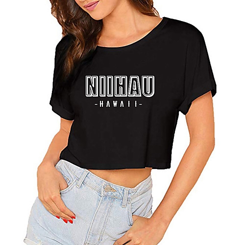 

Women's Crop Tshirt Letter Print Round Neck Tops 100% Cotton Basic Basic Top Black