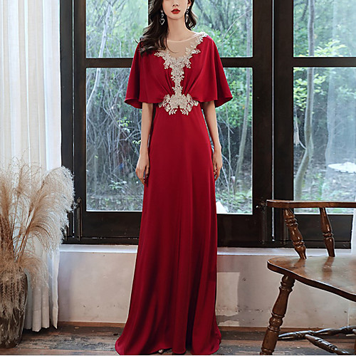 

A-Line Elegant Floral Engagement Formal Evening Dress Illusion Neck Half Sleeve Floor Length Spandex with Appliques 2021
