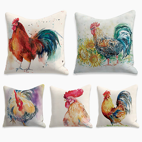 

Double Side Cushion Cover 5PC Faux Linen Soft Decorative Square Throw Pillow Cover Cushion Case Pillowcase for Sofa Bedroom 45 x 45 cm (18 x 18 Inch) Superior Quality Machine Washable Print Cock Hen