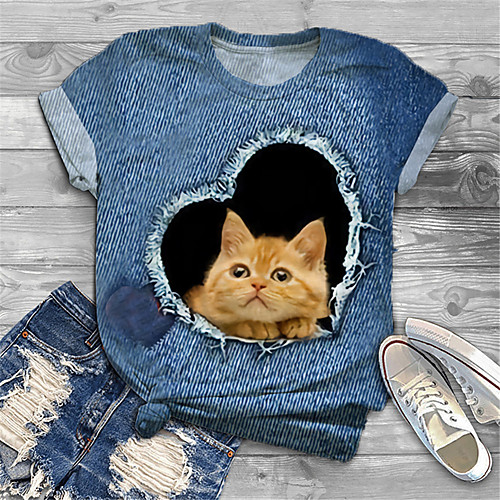 

Women's Plus Size Tops T shirt Cat Graphic Heart Print Short Sleeve Crewneck Basic Blue Big Size XL XXL 3XL 4XL 5XL / Holiday