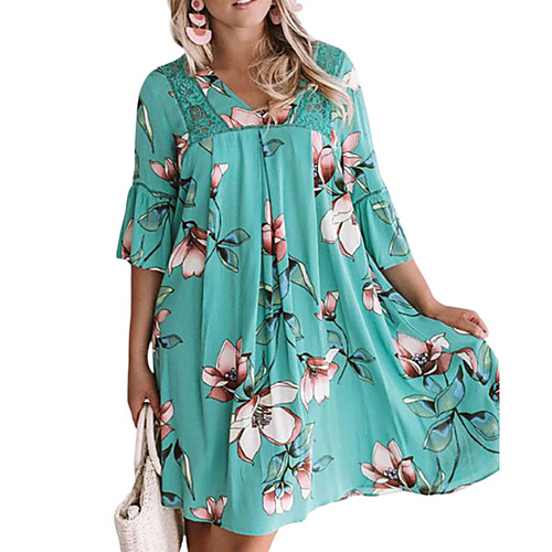 

2021 new amazon plus size women's loose waist pullover print short-sleeved v-neck thin retro dress