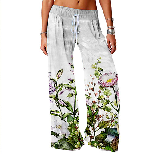 

Women's Basic Soft Comfort Loose Daily Home Culottes Wide Leg Chinos Pants Flower / Floral Graphic Prints Full Length Elastic Drawstring Design Print Gray