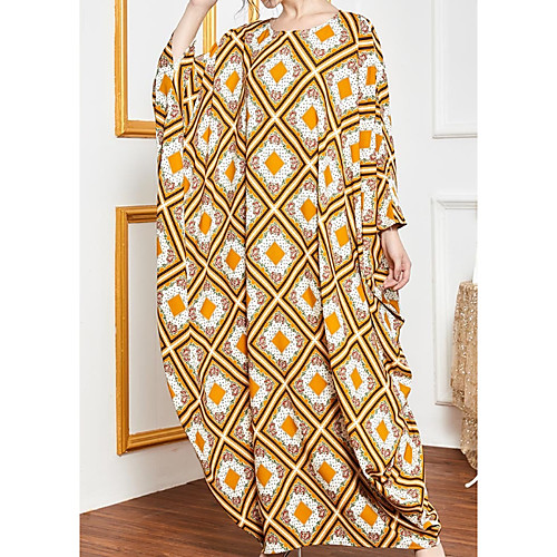 

Women's Kaftan Dress Maxi long Dress Yellow Long Sleeve Geometric Patchwork Summer Round Neck Casual 2021 One-Size