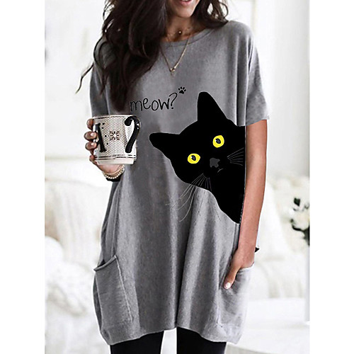 

Women's T shirt Dress Cat Graphic Round Neck Tops Basic Basic Top Black Wine Army Green