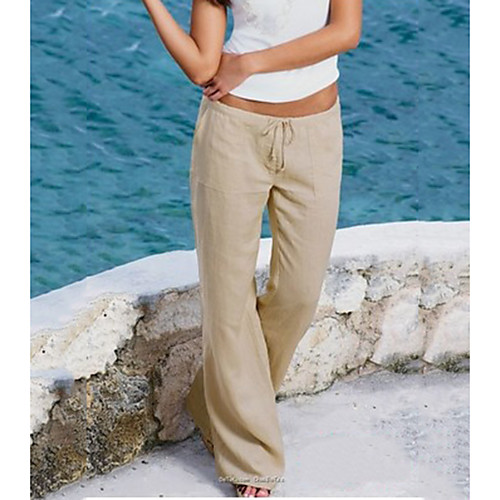 

Women's Simple Basic Comfort Lightweight Linen / Cotton Blend Casual Weekend Wide Leg Pants Plain Full Length Elastic Drawstring Design White Black Khaki Gray
