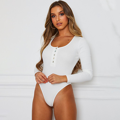 

Women's Bodysuit Plain Long Sleeve Button U Neck Basic Streetwear Tops Cotton White Black Blue