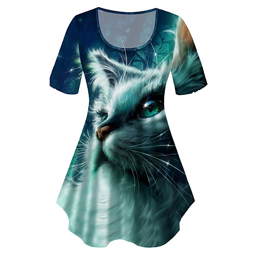 

Women's Plus Size Tops T shirt Cat Graphic Animal Print Short Sleeve Crewneck Basic Blue Big Size XL XXL 3XL 4XL 5XL / Holiday