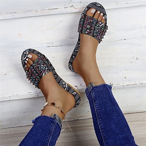 

Women's Sandals Flat Heel Round Toe PU Rivet Color Block Black Red Blue