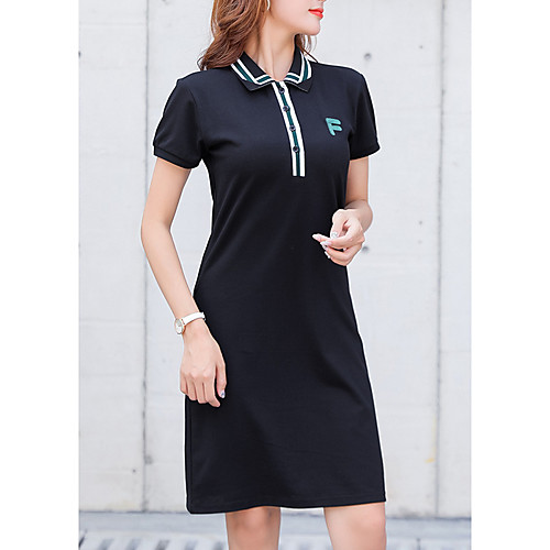 

Women's Sports Dress Knee Length Dress White Black Navy Blue Short Sleeve Letter Print Summer Shirt Collar Casual 2021 M L XL XXL / Cotton / Cotton
